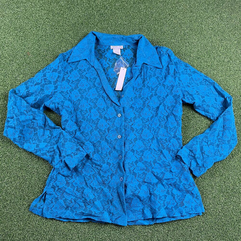 Vintage NWT Sweet Lily Blue Long Sleeve Lace Button Up Shirt Sz L